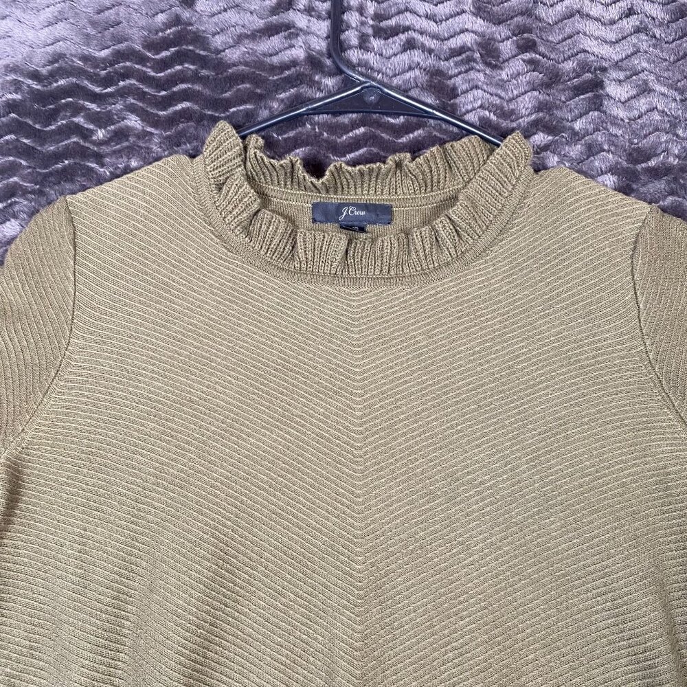 J.Crew Olive Green Ruffle Neck Sweater Ribbed Knit pullover,womens size XS - Picture 2 of 9